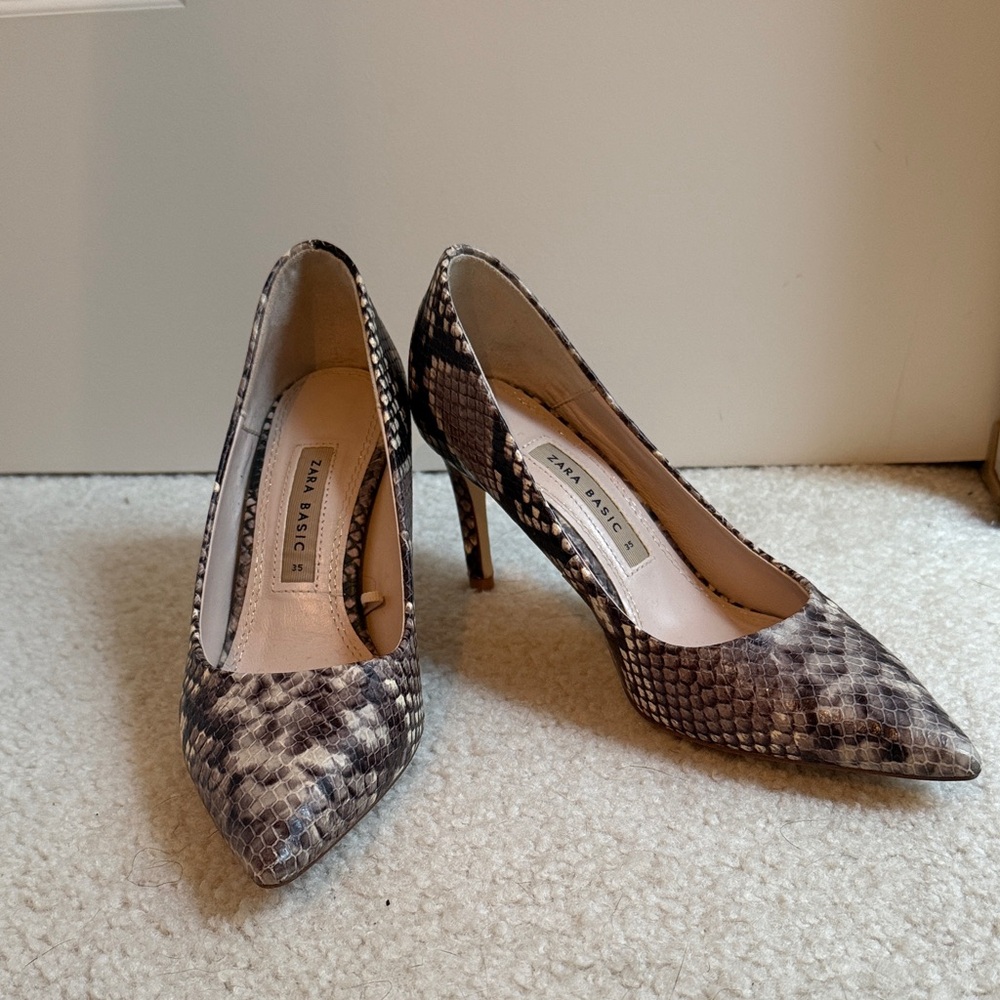 Zara Snake Print Heels - sliver black grey and white